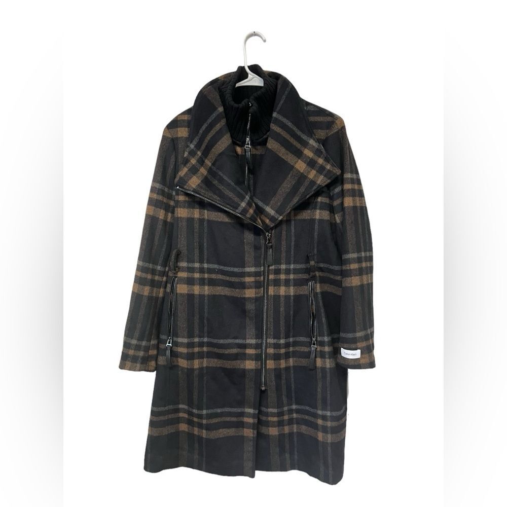 CALVIN KLEIN | Plaid Wool Blend Double Wrap Trench Coat PL - Picture 2 of 8